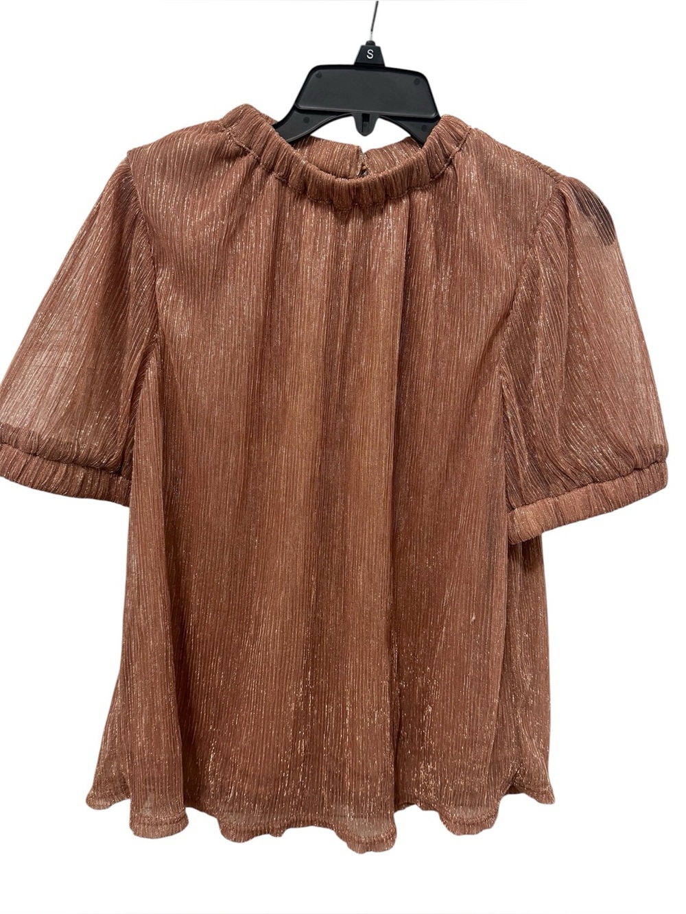 THML Rose Gold Metallic Pleated Mock Neck Blouse Puff Sleeve Size S